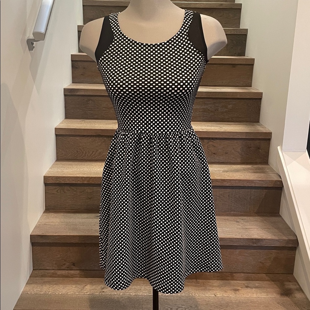Black and white sleeveless flare dress